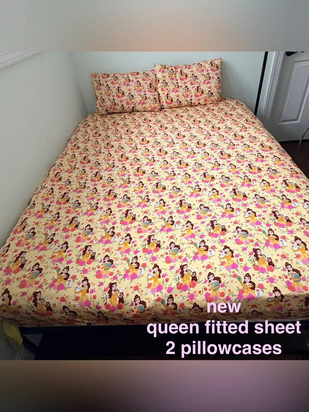 LS Disney princess belle Bamboo Custom Queen Bed fitted Sheet with 2 pillowcases